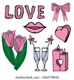 Set of festive elements for Valentine's day and wedding in pink color. Drawn by hand. Soft color. Vector illustration, suitable for postcards, banner, design. White background.