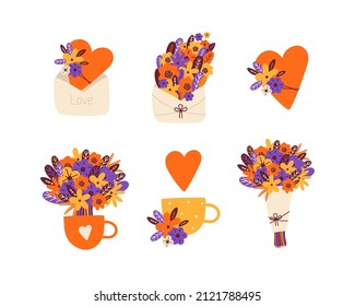 Set of festive elements for Valentines Day,  February 14, Womens Day, Mothers Day. Romantic icons, bouquet of flowers, red heart, love letter, cup of tea. Hand drawn illustration in Scandinavian style