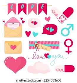 Set of festive elements for Valentine's Day. Big set of themed icons.