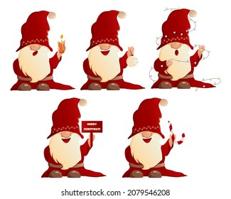 A set of festive, fabulous gnomes in santa costumes. Cartoon illustration isolated on white background
