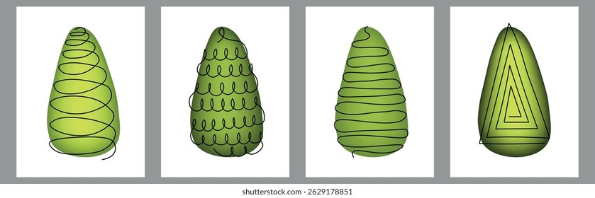 A set of festive fir trees for postcards, banners. A drawing in the form of doodles, highlighted on a green background. New Year's Eve celebration, winter season.  Vector illustration.