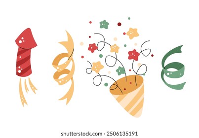 Set of festive firecrackers, crackers and confetti on a white background. Vector Christmas illustration in a flat style. Suitable for stickers, prints and design.