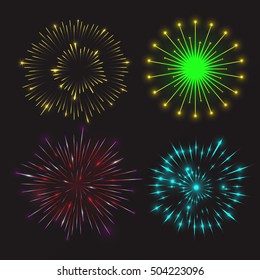 Set of festive fireworks bursting in different shapes with light sparkling and glowing effects. Isolated vector illustration