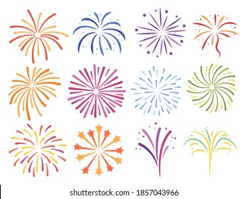 Set of festive fireworks. Collection of various festive fireworks explosions for celebration of victory, birthday, Christmas or independence day. Colorful illustration on a white background.