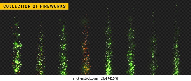 Set festive fireworks isolated on transparent background.