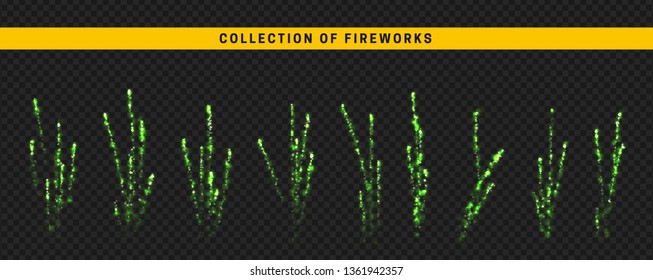 Set festive fireworks isolated on transparent background.
