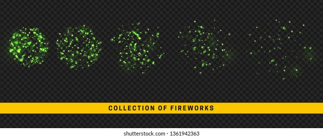 Set festive fireworks isolated on transparent background.