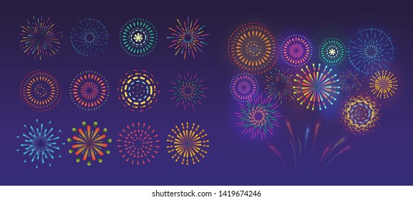 Set of festive fireworks. Vector colorful and monochrome celebration firework. 