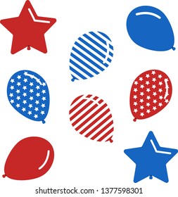 Set of festive flat isolated colorful balloons for party or USA independence day design, can be used as simple icon.