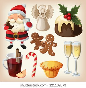 Set of festive food and decorations for christmas table