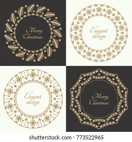 Set of a festive frames. A gold circular ornament for the text. Design elements for invitations, parties, Christmas actions. Vector illustration.