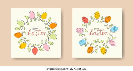 Un conjunto de marcos festivos con contorno de huevos de Pascua y hojas. Carta colorida Feliz Pascua. Texto con letras a mano.