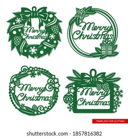 Set of festive frames with text - Merry Christmas. Decoration of fir branches, cones, bows, balls, stars. Vector template for plotter laser cutting (cnc) of paper, cardboard, plywood, wood carving.