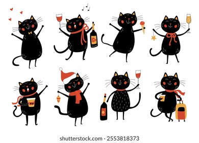 Set with festive and funny black cats with playful poses with wine glasses and holiday decor. Hand drawn doodle illustrations with black outline great for coloring and creating greeting cards