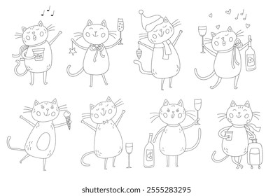 Set with festive and funny black cats with playful poses with wine glasses and holiday decor. Hand drawn doodle illustrations with black outline great for coloring and creating greeting cards