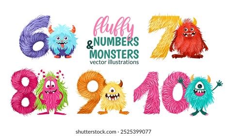 Conjunto de números peludos festivos con monstruos para estampados infantiles, feliz cumpleaños, diseños de Halloween. Lindos números esponjosos de 6 a 10. Artes de Clip de Vector aisladas sobre fondo blanco. Figuras dibujadas a mano.