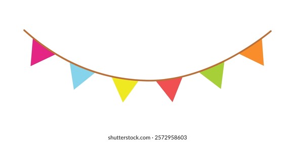 Set of festive garland of flags in cartoon style. Vector illustration of colored garland with flags different colors: purple, blue, yellow, red,green, orange isolated on white background. Decoration.