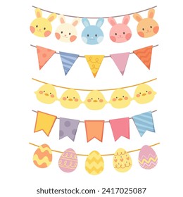 Set of festive garlands of flags and paper hares, chickens and eggs. Vector illustration in flat cartoon style for Easter, children's holidays