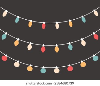 A set of festive garlands with multi-colored lamps. Icons in flat style on dark background. Illustration