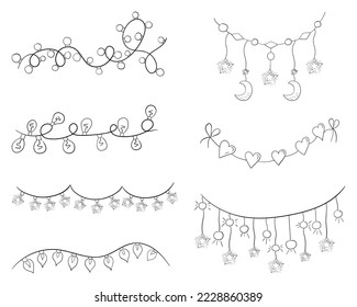 Un conjunto de guirnaldas festivas con una delgada línea, vectorial ilustración de un doodle.