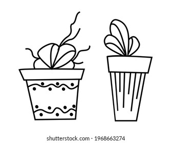 A set of festive gift boxes decorated with bows. Contour hand drawn illustration in doodle style. Graphic design element for advertising, flyer, poster, postcard, online store. Vector