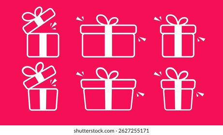 Set of festive gift boxes in red, shown both closed and opened. Perfect for celebration or party themed designs.