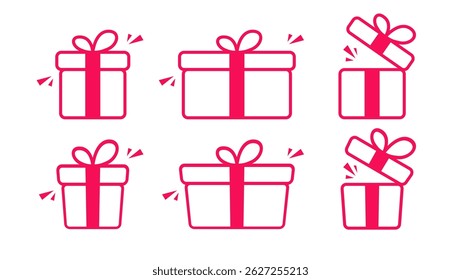 Set of festive gift boxes in red, shown both closed and opened. Perfect for celebration or party themed designs.