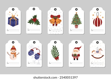 Set of festive gift tags with Christmas elements. Cute Tags with Santa, Christmas tree, snowman, bells and other classic Christmas symbols.  Vector modern illustration on white isolated background. 