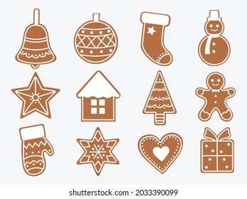 Set of festive gingerbread. Collection of various Christmas treats gingerbread man, heart, Christmas tree decoration, etc. Santa's cute house. Colorful illustration of a shaped house with decorations 