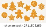 Set of festive gingerbread cookies in flat vector style. Christmas holiday sweets including stars, hearts, snowflakes, and gingerbread man, isolated decorative cookie illustrations
