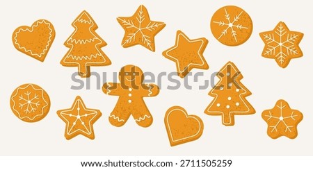 Set of festive gingerbread cookies in flat vector style. Christmas holiday sweets including stars, hearts, snowflakes, and gingerbread man, isolated decorative cookie illustrations