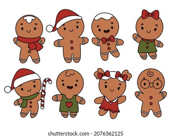 Set of festive gingerbread man. Collection of various New Year's cookies in the shape of a boy and a girl. Vector illustration for a greeting card.