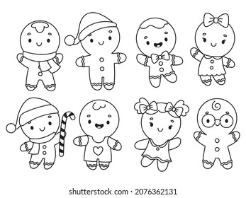 Set of festive gingerbread man. Collection of various New Year's cookies in the shape of a boy and a girl. Vector illustration for a greeting card.