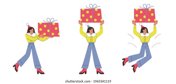 Set of festive girls with a big gift box. Vector bright character on white background for postcards, posters and advertising.