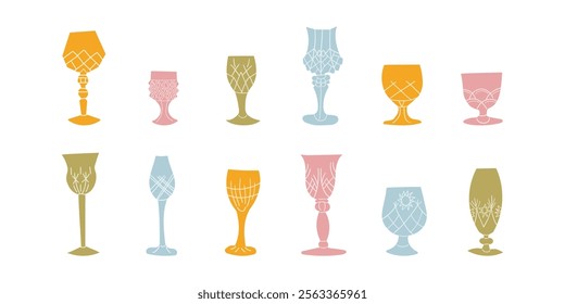 Set of festive glasses for alcoholic cocktails of different forms. Decorative elegant faceted glasses on legs . New Year's stickers of the holiday and fun. Container for drink .