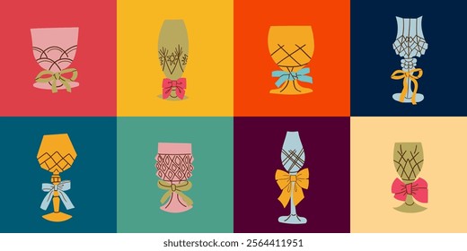 Set of festive glasses for alcoholic cocktails of different forms. Decorative elegant faceted glasses on legs with ribbons and bows. New Year's stickers of the holiday and fun. Container for drink .