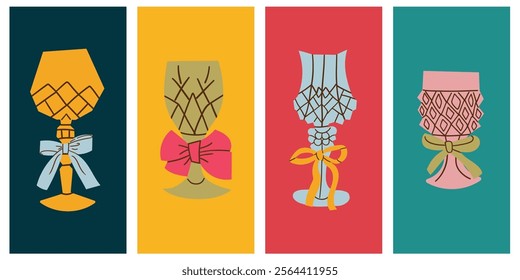 Set of festive glasses for alcoholic cocktails of different forms. Decorative elegant faceted glasses on legs with ribbons and bows. New Year's stickers of the holiday and fun. Container for drink .