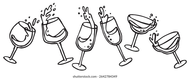 set of festive glasses of champagne, wine. vector illustration in doodle style. celebration, new year, wedding	