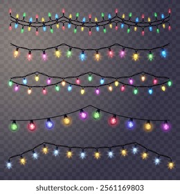 Set of festive glowing garlands. Chains of bright multi-colored light bulbs on a transparent background for greeting cards, banners, invitation cards. Vector drawing EPS10 
