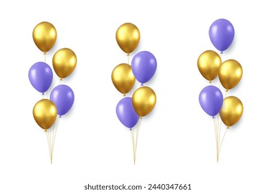 Set aus festlichem Gold, blaue Ballons isoliert auf weißem Hintergrund. Farbe glänzend fliegender Ballon, Band, Geburtstag feiern, Überraschung. 3D-Rendering Vektorgrafik