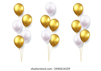 Set aus festlichem Gold, weiße Ballons isoliert auf weißem Hintergrund. Farbe glänzend fliegender Ballon, Band, Geburtstag feiern, Überraschung. 3D-Rendering Vektorgrafik