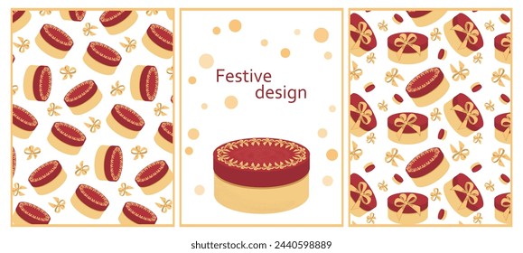 Set of festive graphic elements for bright design. Vector seamless patterns on white background. Postcard mockup with texture box copy space. Elements for design, birthday, anniversary, holiday