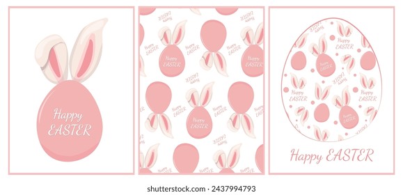 Set of festive graphic elements for Easter in delicate pink color. Vector editable cards and seamless pattern for design, banners, templates, clothing, covers, notepads, wrapping paper, socia media