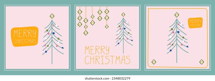 Set of festive greeting cards for winter holidays. Merry Christmas card template. Holiday greeting poster design with lettering inscription