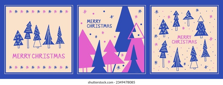 Set of festive greeting cards for winter holidays. Merry Christmas card template. Holiday greeting poster design with lettering inscription