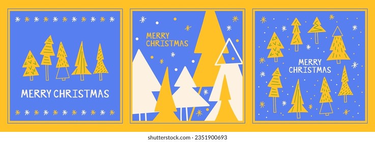 Juego de tarjetas de felicitación festivas para las vacaciones de invierno. Merry Christmas card. Diseño de afiches para saludos de vacaciones con inscripción para letras