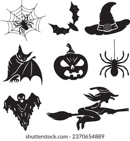 set of festive halloween elements, ghost, witch, hat, bat, pumpkin, spider, happy Halloween, terror, spooky, fear, suspense