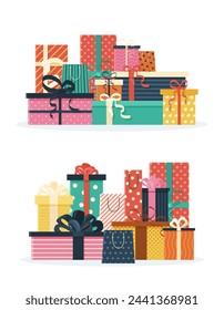 Conjunto de elementos de diseño festivo de vacaciones, en una pila o pila. Cajas de regalo de varios colores y paquetes de regalo para feliz cumpleaños, Navidad, diseño de venta. ilustración vectorial aislada en blanco.