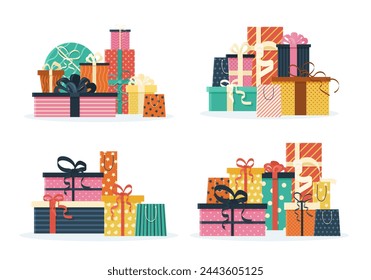 Set of festive holiday design elements, on a stack or pile. Various and multicolored gift boxes and present packages for happy birthday, Christmas, sale design. isolated vector illustration on white.