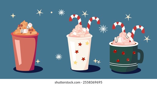 Set of festive hot drinks with whipped cream, candy canes, and marshmallows in colorful mugs. Perfect for winter, Christmas, or New Year themes. Vector illustration